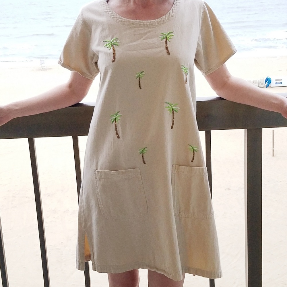 Vintage Beach Resort Palm Tree Sequin Pocket Dress